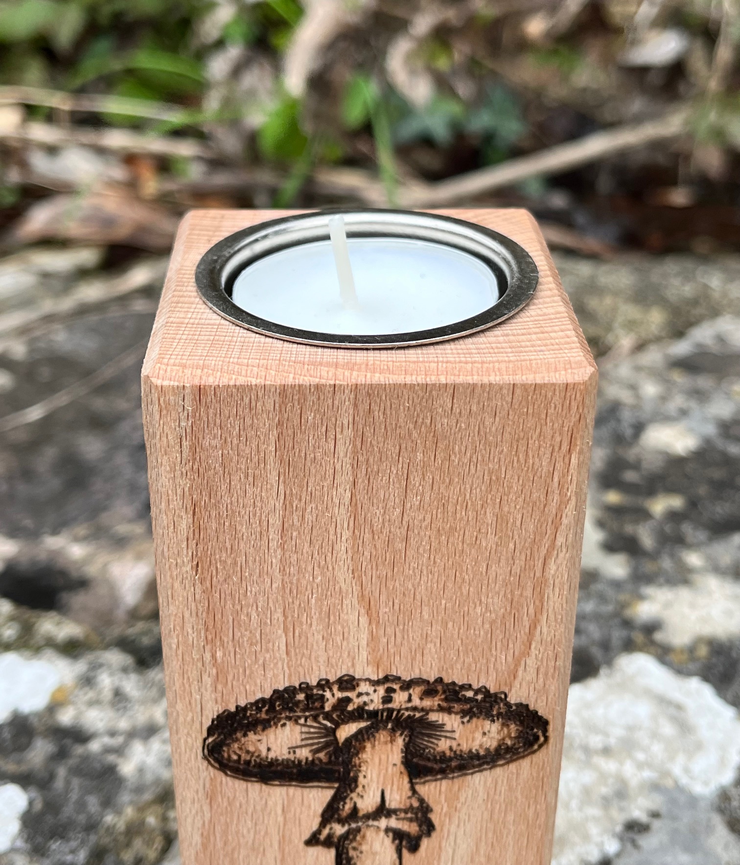 15400a Lou Griffiths Pyrography fungi wooden tealight holder.jpeg